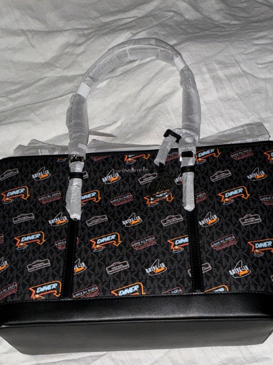Michael Kors Handbags - BNWT Michael Kors Black Logo Print Duffel with Multi-Color Diner Accents